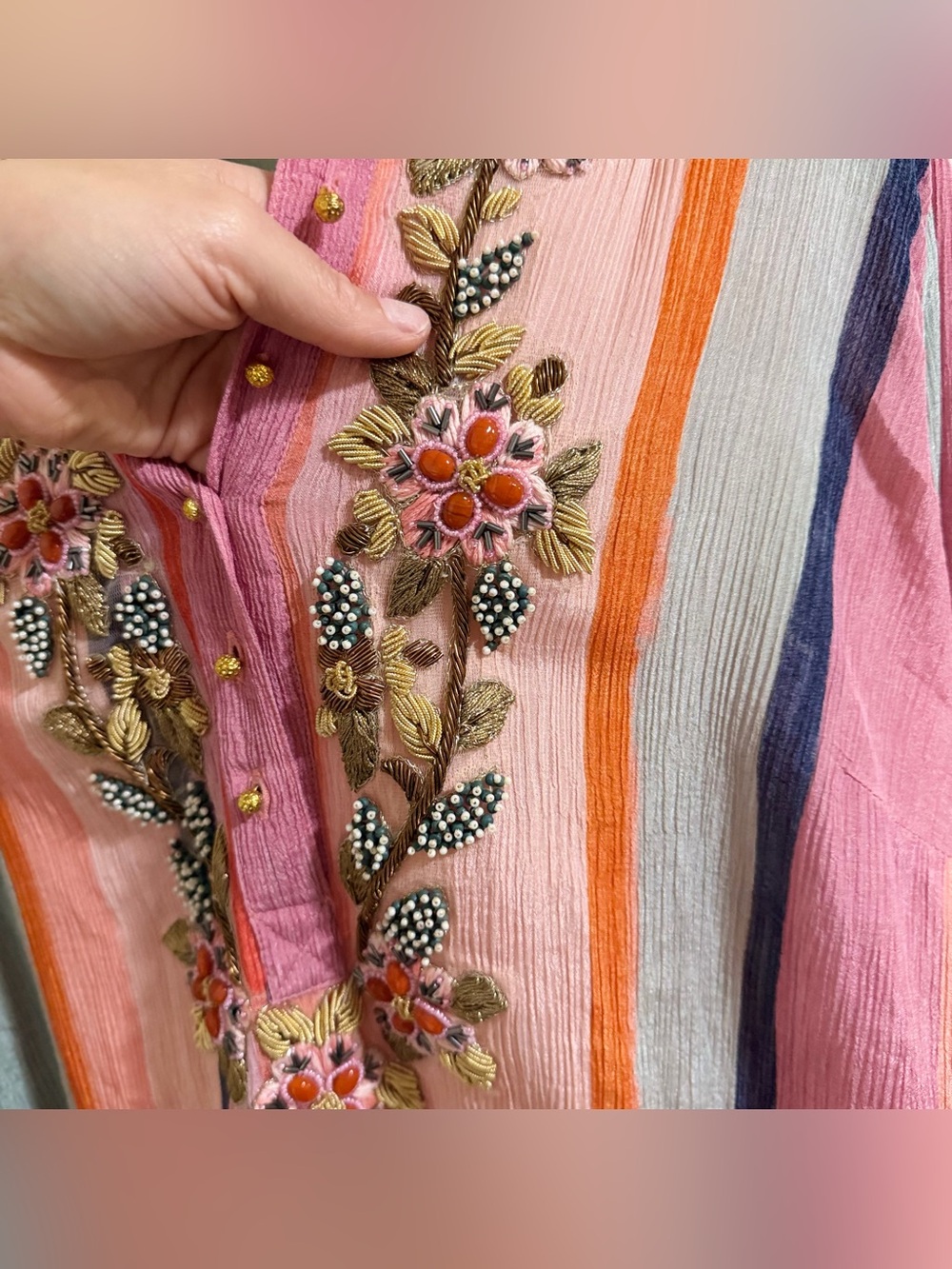 Soft Surroundings Aruba Striped Embroidered Gauze Caftan Maxi Dress M NWT - Picture 8 of 15